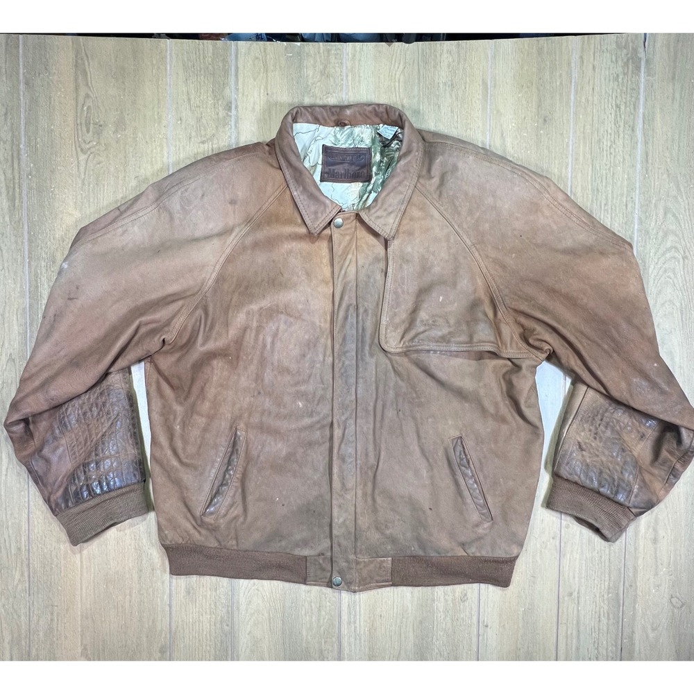 Marlboro Adventure Team Vintage Leather‎ Bomber Jacket Brown XL Distressed XL